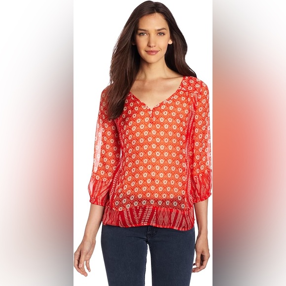 Lucky Brand Tops - Lucky Brand Caley Mixed Print Orange Sheer Boho Peasant Blouse
